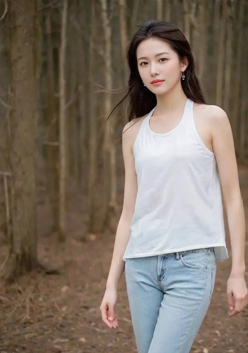 白色小吊帶搭配牛仔褲，曼妙的身姿，十分迷人